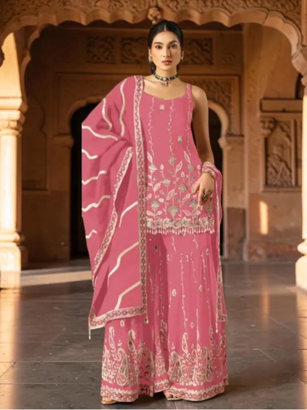 Embroidered Pink Women's Pakistani Palazzo Set with Dupatta